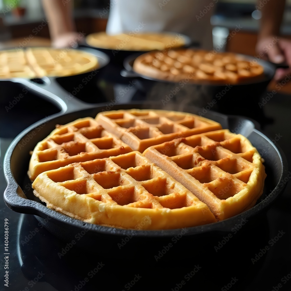 Crispy homemade waffle with golden syrup simmering in a cast iron skillet on a gas stovetop, ideal for breakfast menus, cooking blogs, and comfort food advertisements. Crispy homemade waffle with golden syrup simmering in a cast iron skillet on a gas stovetop, ideal for breakfast menus, cooking blogs, and comfort food advertisements.