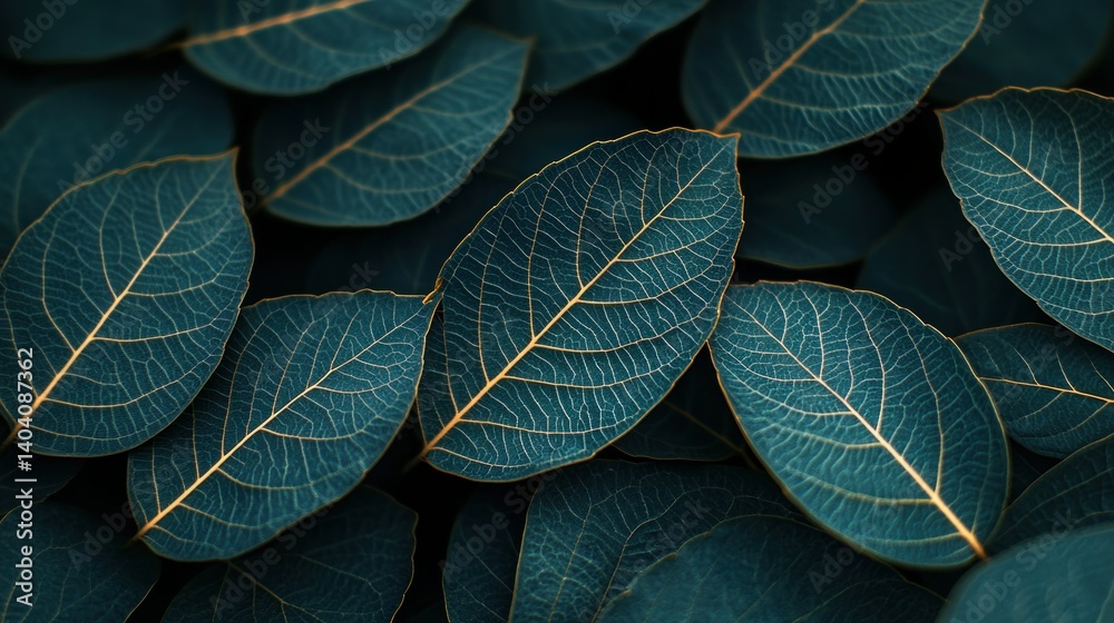 Obraz premium Deep teal leaves, intricate vein patterns. Close-up view of many overlapping leaves, showcasing their rich teal color and delicate, visible veins. A rich, organic texture