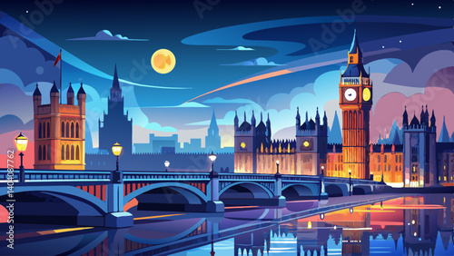 Illuminated Houses of Parliament and Big Ben reflect in the river as Westminster Bridge shines under the evening sky in London, creating a stunning night view of this historic