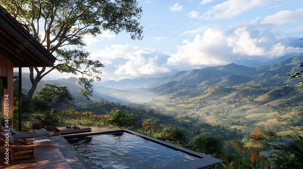 Fototapeta premium Mountaintop infinity pool villa sunrise view