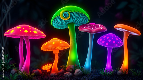 Fantasy magic neon glowing mushroom collection - spotted pink toadstool, curled green cap, luminous orange fungus, rosy cap, purple dotted variety. Mystical forest elements for enchanted game design.