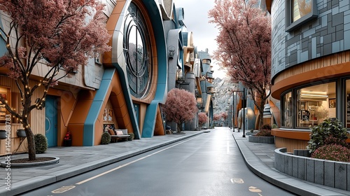 Futuristic Urban Street with Modern Architecture and Pink Blossom Spring Trees