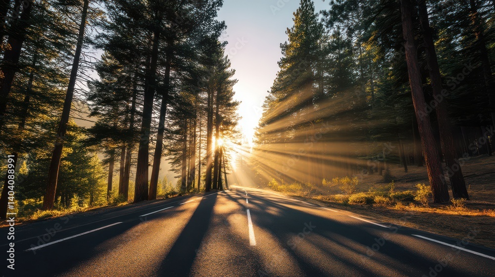 Fototapeta premium Sunrays filter through the trees at sunrise on an empty road in a pine forest