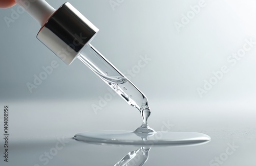Close-up cosmetic liquid drop from glass pipette. Transparent serum drips on gray background. Serum skincare, beauty care essence, laboratory research, spa treatment, skin moisturizer.