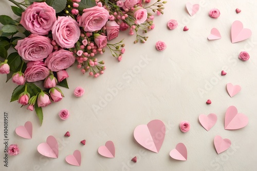 Pink Rose and Heart Border: Delicate pink roses and scattered paper hearts create a beautiful and romantic border against a soft, light background, perfect for messages of love, appreciation.