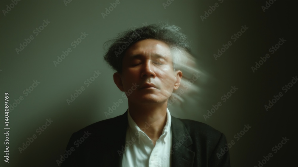Fototapeta premium An East Asian man in a sleek black suit holds a clock face, illustrating the concept of time optimization in a vibrant, productive atmosphere