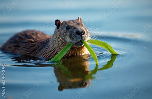 Muskrat, Ondatra zibethicus, floats on water, holds green reed leaves in teeth. Aquatic mammal in natural habitat, eating plant. Wild animal in river. Summer eco scene. photo