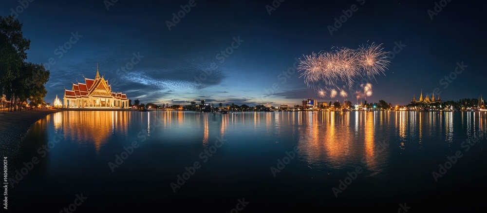 Obraz premium A panoramic view of a temple reflecting in a calm lake at night with fireworks in the distance.