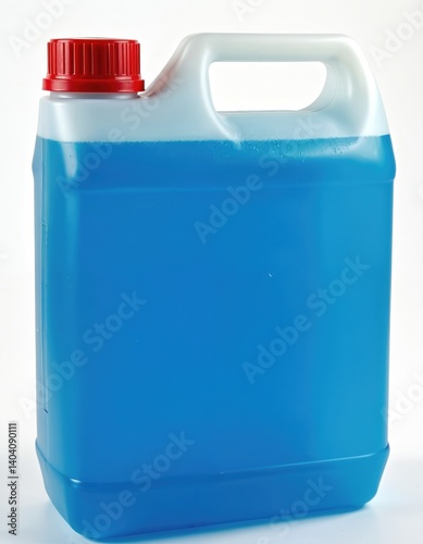 Blue auto washer fluid canister with handle against white background. Red cap, close-up shot. Car care product, non-freezing liquid for winter. Car maintenance, windshield cleaning.