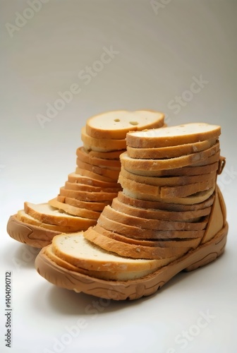 Close-up studio shot of two bread shoes, made with slices of bread stacked on top of rubber sandal bases, on an off-white background, concept of alternative footwear, culinary humor, food art.