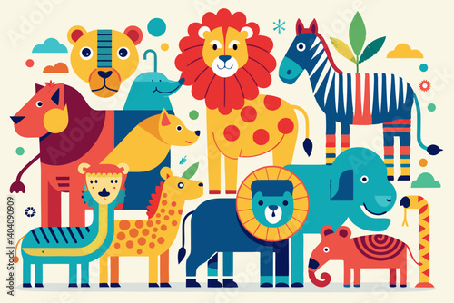 Colorful illustration of various animals including lions elephants and zebras in geometric style