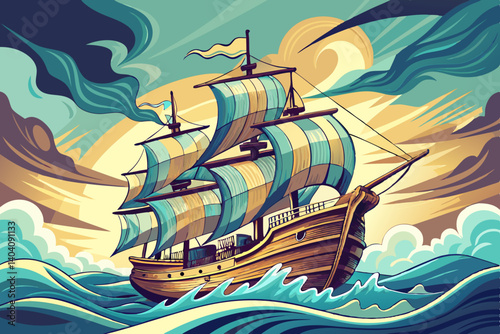 Εκτύπωση καμβά A majestic galleon sailing on a wavy sea with a vibrant sky and clouds in the ba