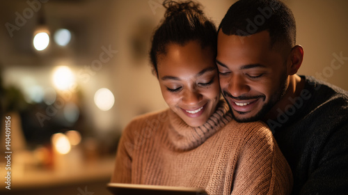 Wallpaper Mural Cozy couple sharing a hug with a tablet at home Torontodigital.ca