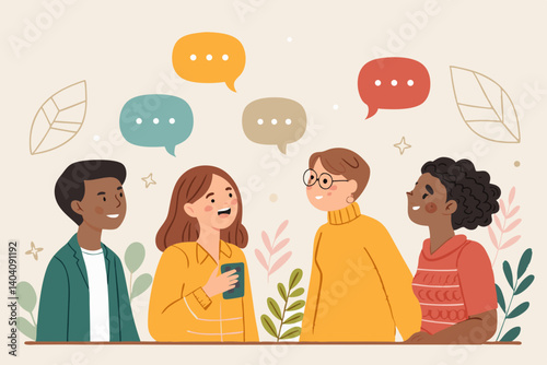Diverse group of friends conversing with speech bubbles in a friendly and casual environment scene