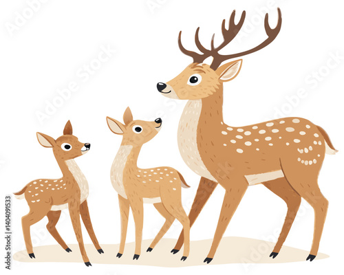 Illustration depicting a deer family consisting of a buck and two fawns standing together in a group
