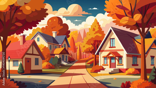 Autumnal village landscape with houses and trees in warm colors under a cloudy sky art style