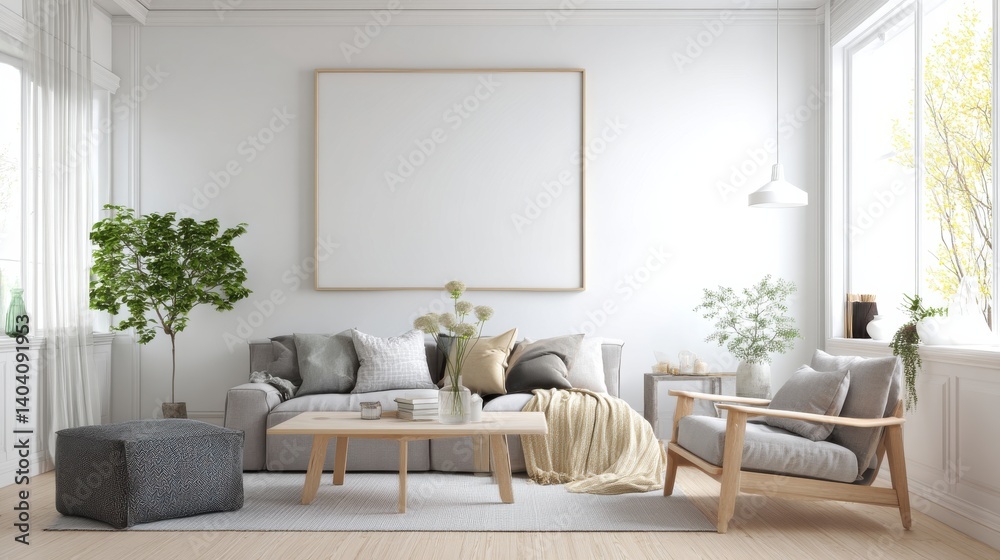 Fototapeta premium Bright living room with cozy sofa & armchair