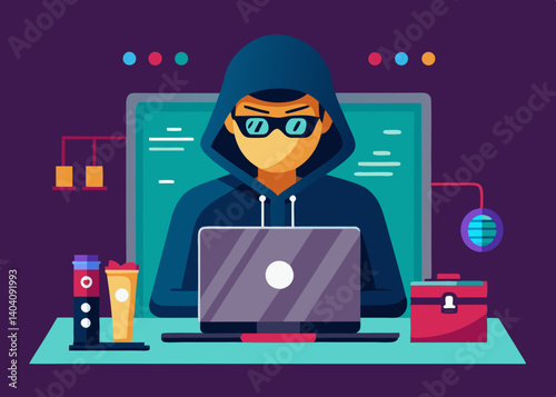 A hooded figure sits at a desk with a laptop and various items in a digital illustration style