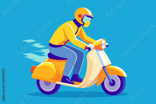 Illustration of a man riding a yellow scooter with helmet on a blue background in motion blur effect