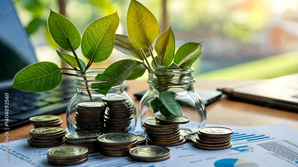 Coins stacked beside plants in jars, sitting on a financial chart, depicting monetary growth