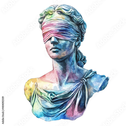 Blindfolded Statue Of Justice, watercolor vector, isolated on a white background.