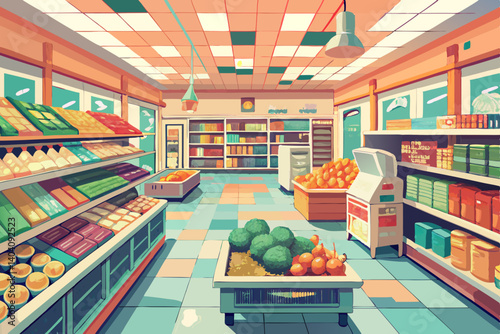 Illustration of a supermarket interior with shelves of produce and other grocery items displayed neatly