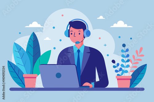 Illustration of a call center employee with headset working on laptop with plants in the background art style