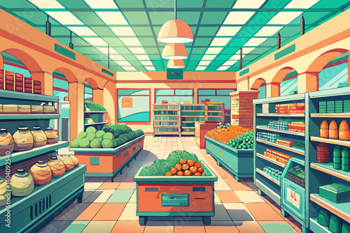 Illustration of a grocery store interior with shelves of produce and various food items displayed nicely