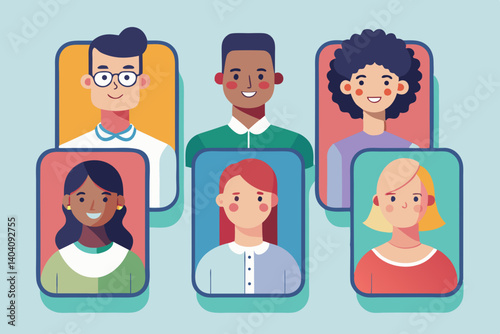 Illustration of six diverse people in portrait frames with varying skin tones and hair colors smiling softly