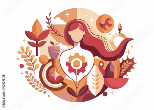 Abstract illustration of a woman with a gear in her chest surrounded by foliage and shapes