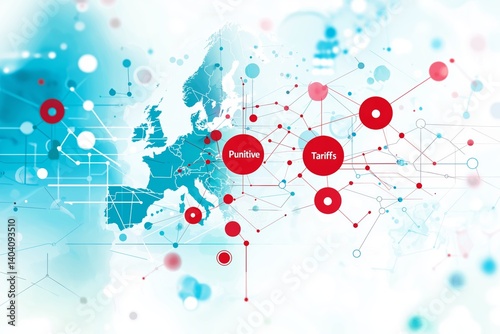 Abstract digital map of Europe with red circles and tariff lines highlighting punitive trade conflicts and economic globalization, Generative AI