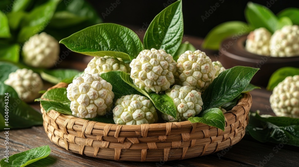 Fototapeta premium Fresh, delicate, white fruits in a shallow basket, surrounded by vibrant green leaves