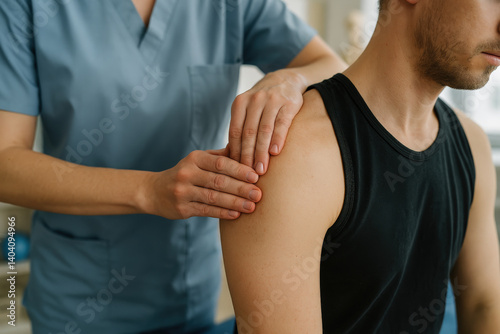 Physical Therapist Examining Shoulder of Male Patient

