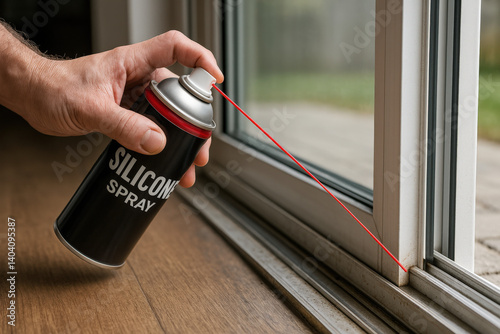 Applying Silicone Spray to Sliding Door Track for Maintenance

