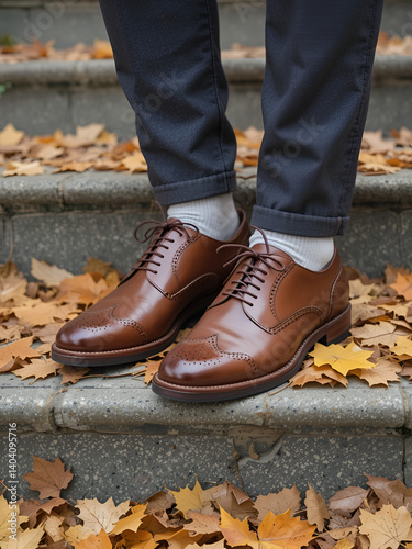 Wear Brown Shoes Day Stylish brown leather brogue shoes on autumn leaf-covered steps