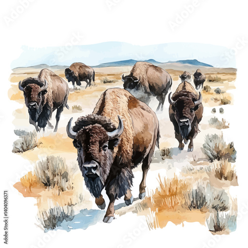 watercolor of Bison Herd Crossing A Prehistoric Plain, vector, isolated on a white background.