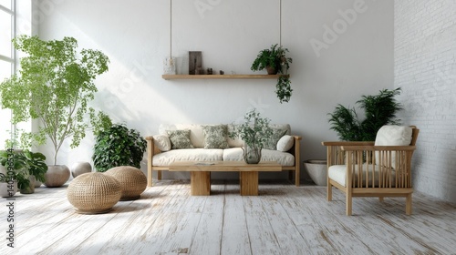 Serene living room with light wood furniture and lush greenery.