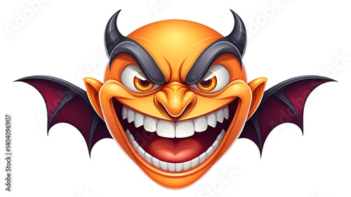 Cartoon vampire face, smiling vector emoji. Demon with sharp fangs gloat smile emotion. Malefactor with angry eyes and laughing toothy mouth. Halloween or hell character isolated on white background