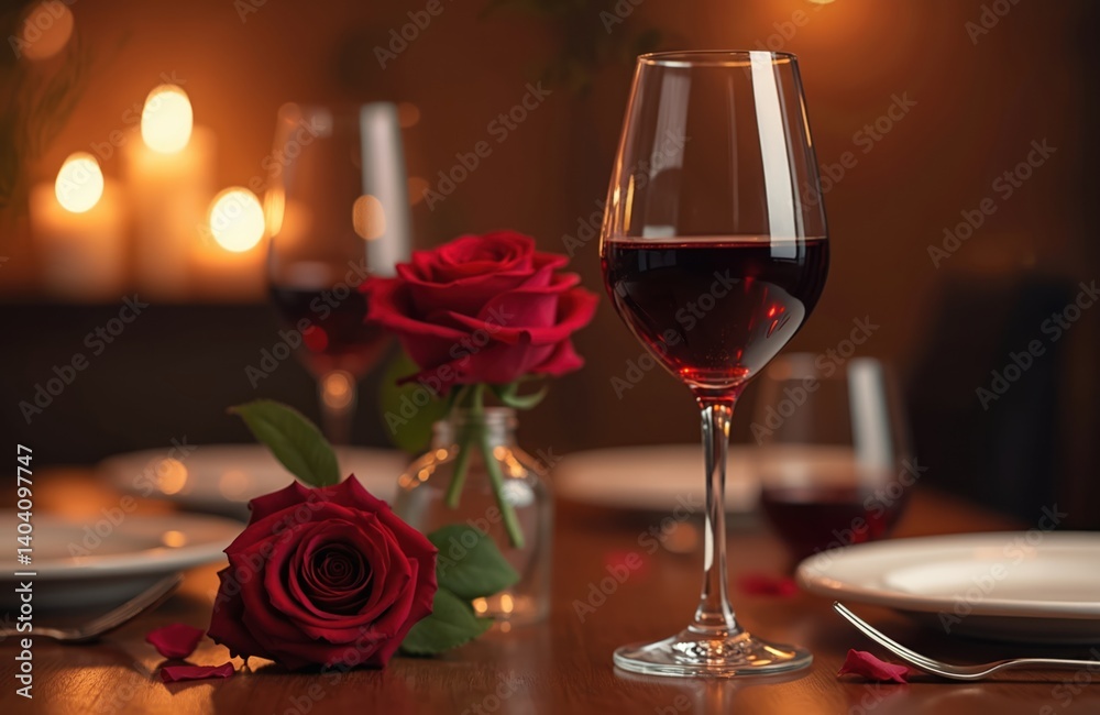 Romantic dinner setting with wine glass, roses, candles. Beautiful scene for date, anniversary, Valentine Day. Concept of love, celebration, special event. Elegant table, festive mood, cozy