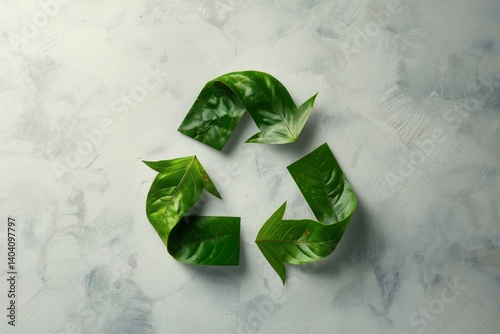 Leaf-shaped recycling symbol on light background expressing ecological awareness, renewable responsibility and nature-inspired sustainability, Generative AI