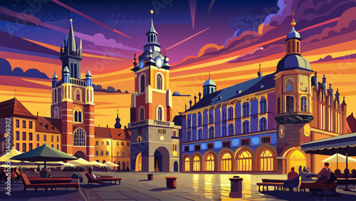 Evening view of the Main Square in Krakow, Poland, featuring the Cloth Hall and St. Mary's Basilica