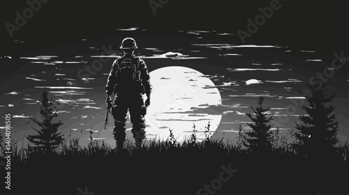Night Watch: Silhouette of a soldier standing guard under a large moon, framed by dark trees.