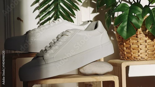 White classic sneakers on a wooden shelf.