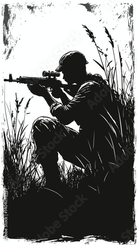 Sniper Silhouette: A stark black and white illustration of a soldier aiming a rifle, concealed in tall grass. The image evokes a sense of tension and focus.