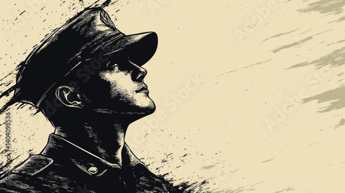 Ink Portrait of a Soldier: A striking ink portrait of a stoic soldier in uniform, gazing upwards with a look of solemn determination. The artwork evokes a sense of duty and valor.