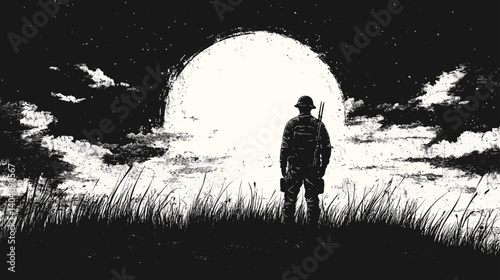 Solider under the moon: A solider's silhouette stands stoically, with weapon, under the haunting glow of a full moon, evoking feelings of solitude and quiet bravery.