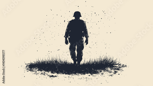Silhouette of a Soldier: A powerful silhouette of a soldier standing in a field of grass, symbolizing remembrance and sacrifice. The textured background adds a poignant touch.