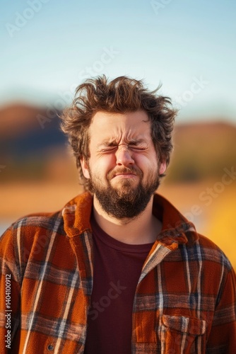 Bearded caucasian male in flannel grimacing outdoors at sunset