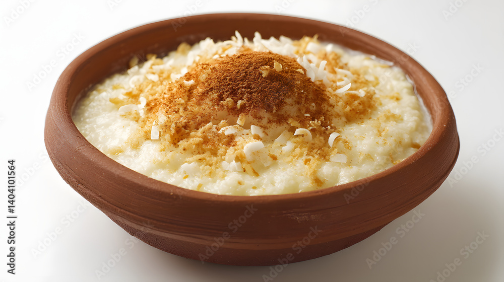 Creamy rice pudding in a rustic bowl, sprinkled with cinnamon and coconut flakes, ready to be enjoyed. Traditional dessert. Creamy rice pudding in a rustic bowl, sprinkled with cinnamon and coconut flakes, ready to be enjoyed. Traditional dessert.
