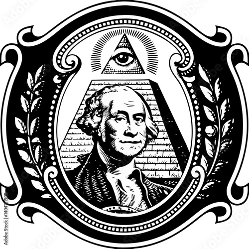 Symbolic illustration of George Washington with pyramid and eye background